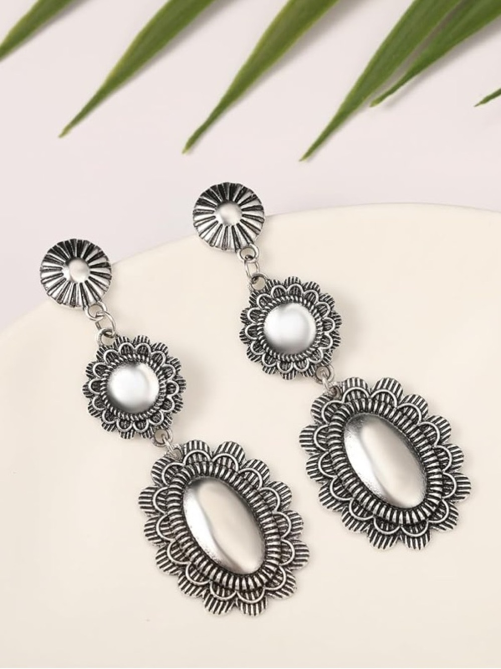 Anthropologie Silver Tiered Floral Medallion Drop Earrings - Picture 5 of 5